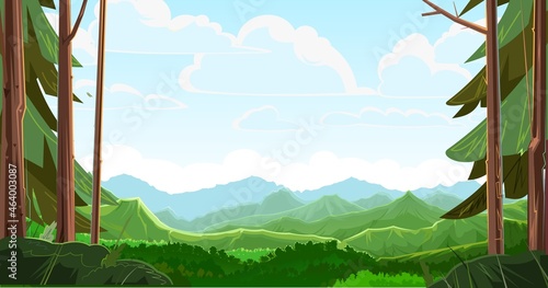 Mountains scorn in the forest away. View from the coniferous forest. Beautiful summer landscape with trees. Green pines and ate. Illustration in cartoon style flat design. Vector