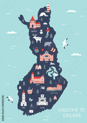 Vector illustrated map of Finland with famous symbols
