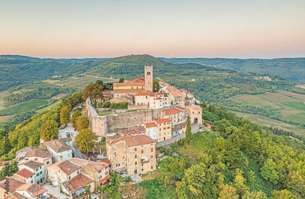 Drone panorama on historical Croatian town Motovun in Istria during sunrise in summer