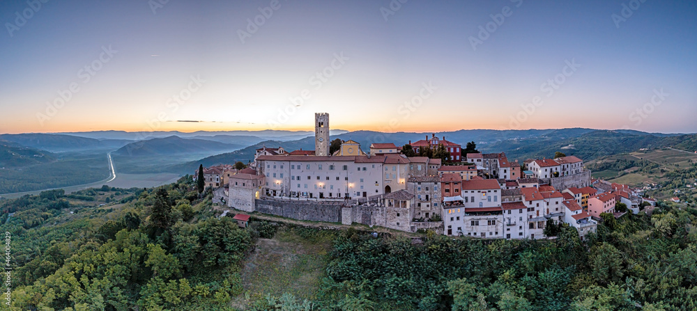 Drone panorama on historical Croatian town Motovun in Istria during sunrise in summer