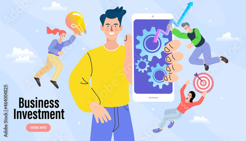 Business investment concept. A team interacts with a smartphone to achieve growth success. Characters with a lightbulb, target, rising graph symbolize ideas, goals, and profit. Vector finance website.