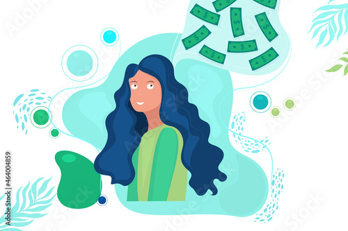 Vector poster with a girl with thoughts of money.