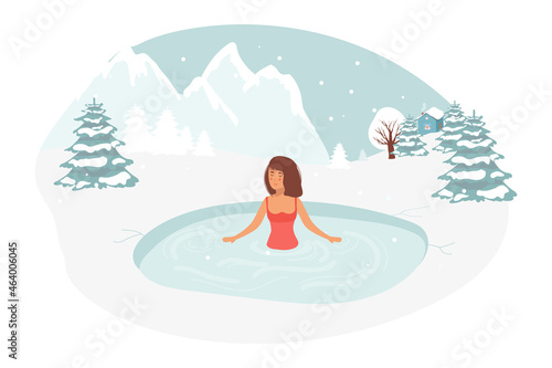 female Character Swimming in Ice. Healthy lifestyle challenge, sport activity concept. Hole in Winter Season. Woman Temper, Healthy Lifestyle Challenge, Sports Activity. Vector Illustration landscape