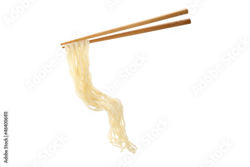 .Chopsticks picking up noodles isolated on white background.