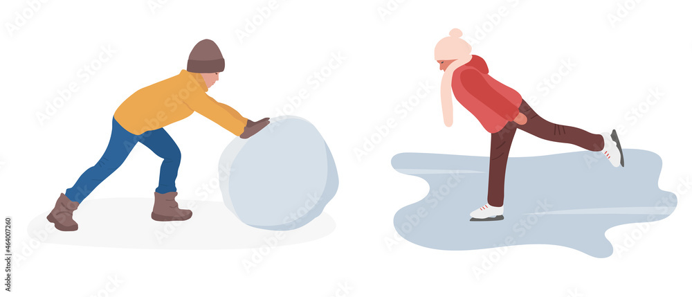 Children playing winter fun on vacation, flat cartoon vector illustration. A boy rolls a snowball for a snowman, a girl skates on a skating rink. Children playing winter fun on vacation, flat cartoon vector illustration. A boy rolls a snowball for a snowman, a girl skates on a skating rink.