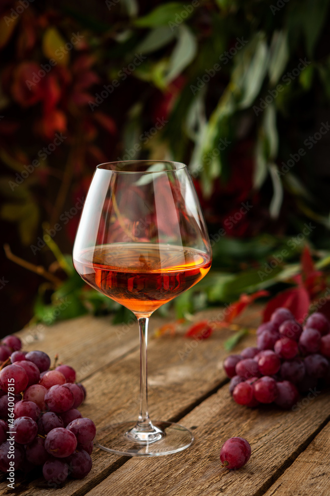 Autumn cozy romantic evening outdoors, wooden table with a glass of rose wine and grapes