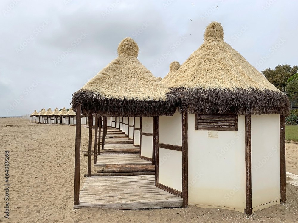 Huts at the Lido or Venice Lido, an island in the Venetian Lagoon, Italy Huts at the Lido or Venice Lido, an island in the Venetian Lagoon, Italy