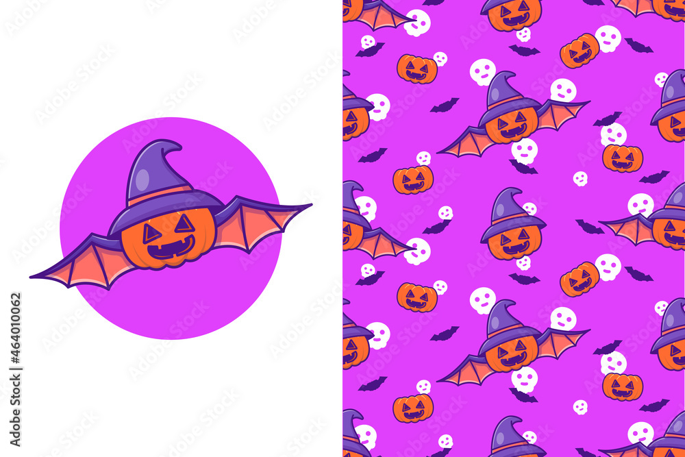 Cute Pumpkin Batwith hat witch happy halloween with seamless pattern