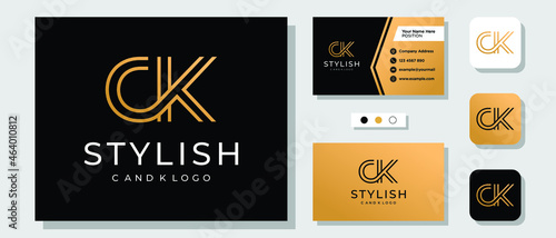 Initial Letter C K Luxury Monogram Gold Logo Design with Layout Template Business Card