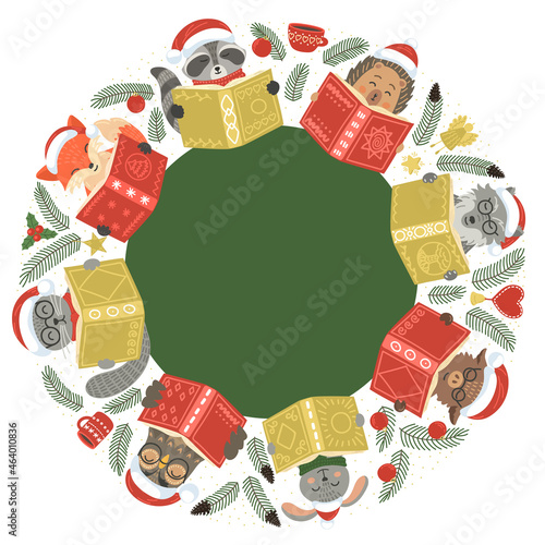Christmas wreath of animals reading books with place for your text. Cat, hare, fox, owl, rabbit, wolf, boar, racoon, hedgehog in Santa hats. Christmas story children illustration. 