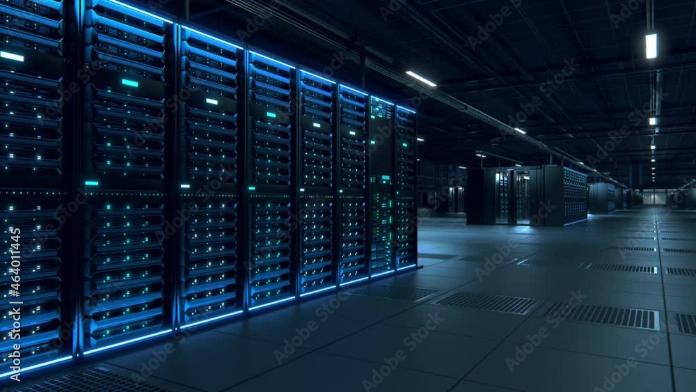 Modern Data Technology Center Server Racks Working in Dark Facility. Concept of Internet of Things, Big Data Protection, Storage, Cryptocurrency Farm, Cloud Computing. 3D Panning Forward Camera Shot. Modern Data Technology Center Server Racks Working in Dark Facility. Concept of Internet of Things, Big Data Protection, Storage, Cryptocurrency Farm, Cloud Computing. 3D Panning Forward Camera Shot.