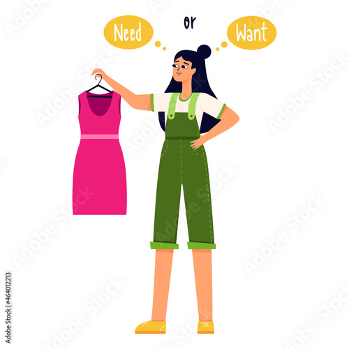 A young girl with dark hair holds a pink dress and thinks she needs it or wants it. The theme of reasonable consumption, overconsumption, conscious choice of clothing. Flat vector illustration