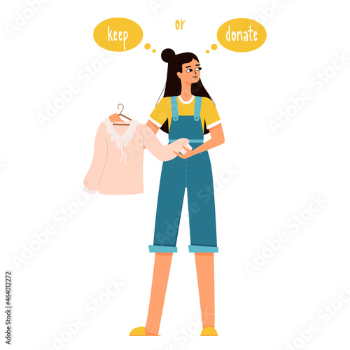 A young girl with dark hair is holding a blouse in her hands and is thinking of keep it or donate it. The theme of reasonable consumption, cluttering, sorting clothes. Flat vector illustration