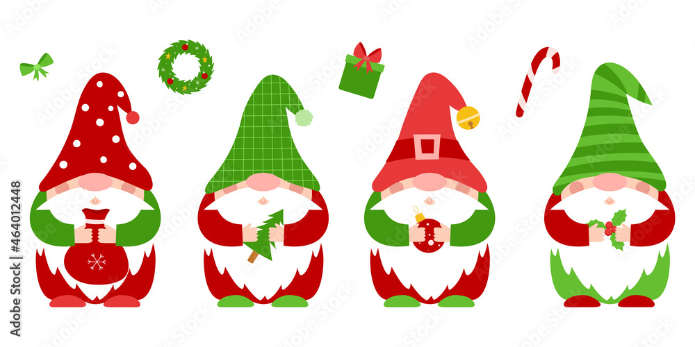 A set of small Christmas dwarfs in red, green clothes and hats, who hold New Year's attributes in their hands.Cute little gnomes, cartoon characters. Color vector illustration in flat style on white.