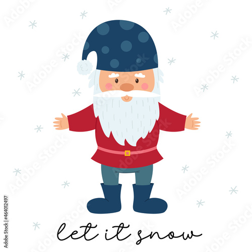 A little gnome with a beard and a blue polka dot hat stands and smiles . A postcard with small dwarf and the words Let it snow. Cute cartoon old man, a character on a background of snowflakes photo
