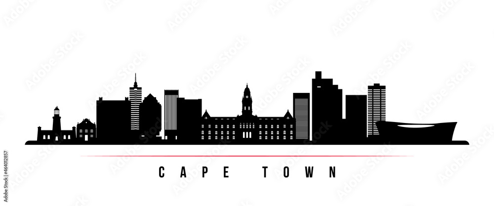 Cape Town skyline horizontal banner. Black and white silhouette of Cape Town, South africa. Vector template for your design.