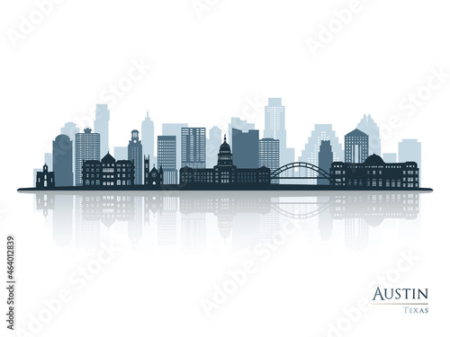 Austin skyline silhouette with reflection. Landscape Austin, Texas. Vector illustration.