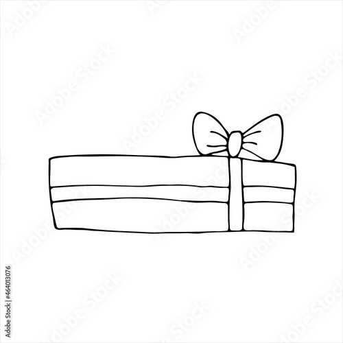 Gift box. Doodle style. A gift with a bow. A long box with a bow for a festive gift. Black and white vector image. A gift for Christmas, Birthday, New Year, various holidays.