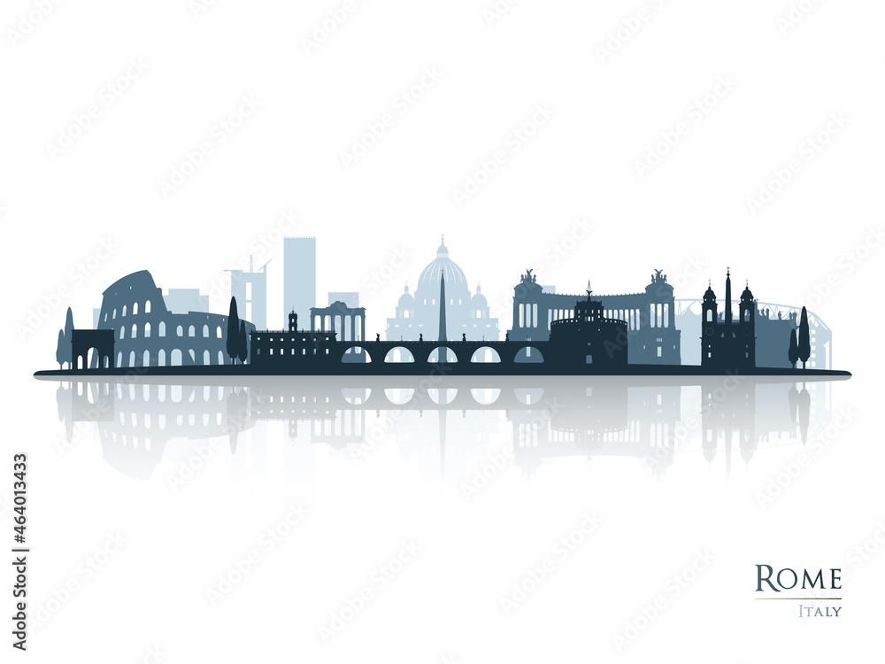 Rome skyline silhouette with reflection. Landscape Rome, Italy. Vector illustration.