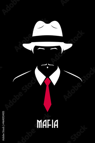 Italian Mafioso. Chicago mobster. Genleman with white fedora hat and red tie. Black and white vector illustration. photo
