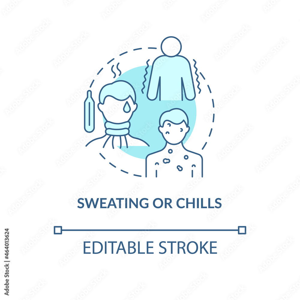 Sweating and chills blue concept icon. Pneumonia symptom abstract idea thin line illustration. Fighting off infection sign. Cold sweats. Vector isolated outline color drawing. Editable stroke Sweating and chills blue concept icon. Pneumonia symptom abstract idea thin line illustration. Fighting off infection sign. Cold sweats. Vector isolated outline color drawing. Editable stroke