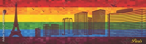 Paris on LGBT flag background - illustration, 
Town in Rainbow background, 
Vector city skyline silhouette