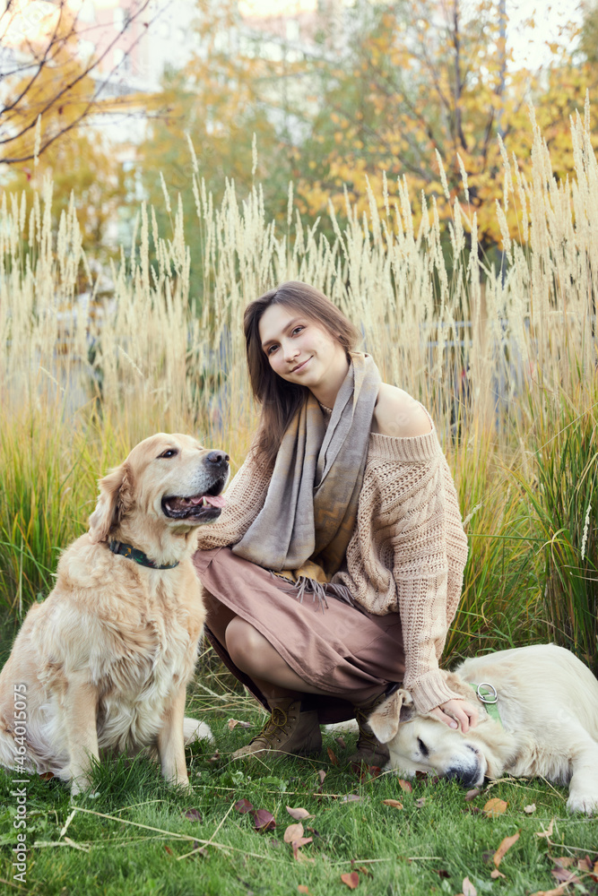 Beautiful girl with two golden retrievers in park Beautiful girl with two golden retrievers in park