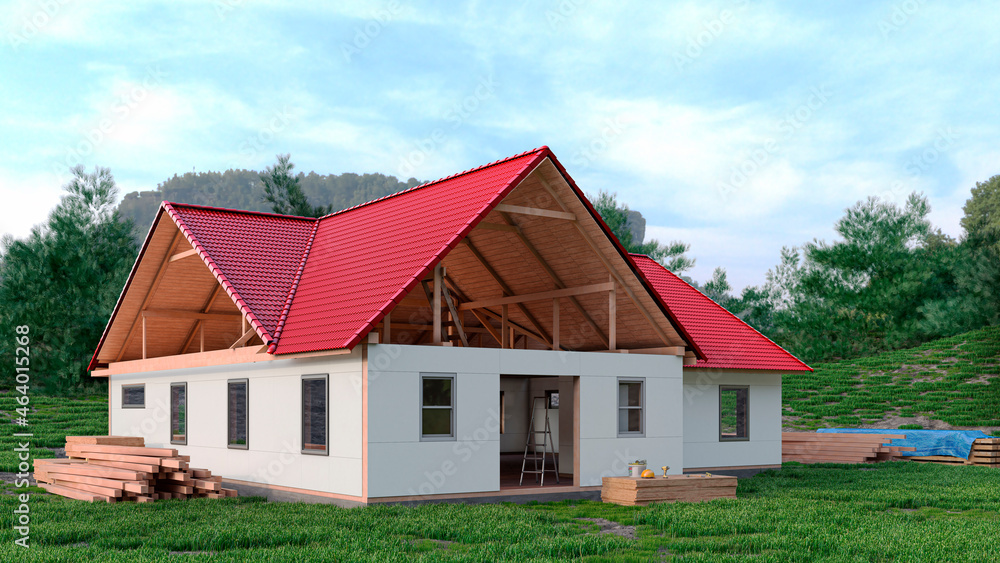 Exterior modular house construction with unfinished roof. 3d illustration