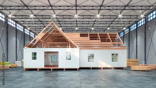 Fototapeta Naklejka Na Ścianę i Meble -  Workshop assembly of modular house, construction of a frame house of wood and panels.  3d illustration