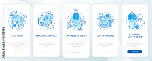 Pneumonia signs onboarding mobile app page screen. Cold sweats and chills walkthrough 5 steps graphic instructions with concepts. UI, UX, GUI vector template with linear color illustrations