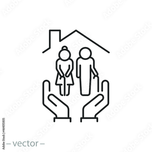 elder care icon, old people with home, help age generation, senior healthcare, caregiver organization, health insurance, charity people community, thin line symbol - editable stroke vector illustratio
