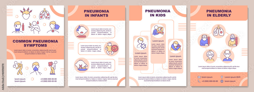 Common pneumonia symptoms brochure template. Age groups at risk. Flyer, booklet, leaflet print, cover design with linear icons. Vector layouts for presentation, annual reports, advertisement pages