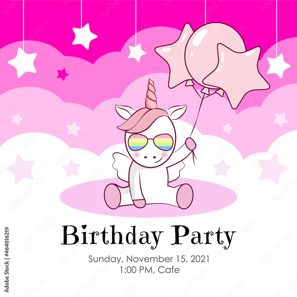 Birthday invitation with cute unicorn and pink balloons. Ready to use and editable template. An invitation for children and adults. 