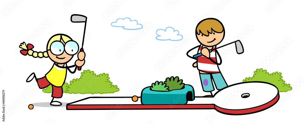 Mädchen und Junge spielen Minigolf in Freizeit Stock Illustration