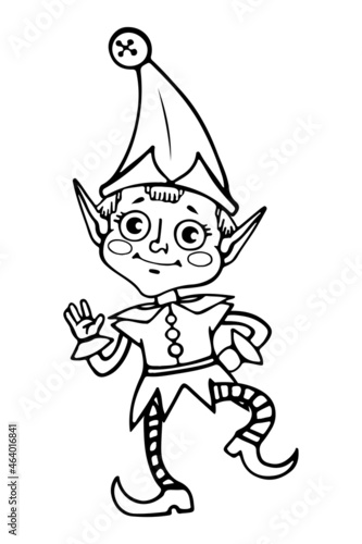 christmas elf black outline cartoon illustration for coloring book. vector