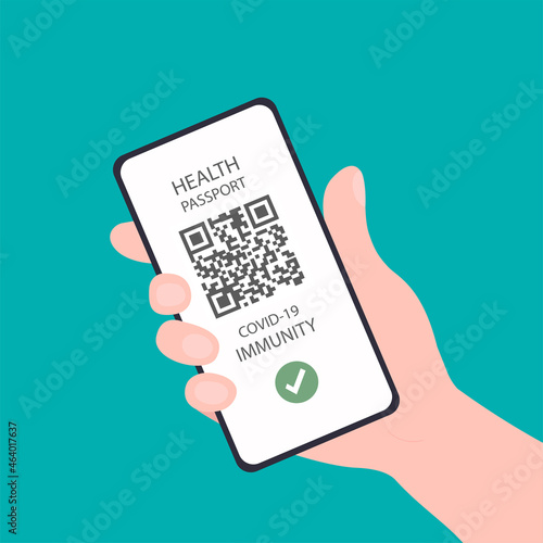 confirmation of vaccination in the phone by white hands.