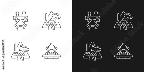 Poisoning and suffocation prevention linear icons set for dark and light mode. Choking hazard food and toys. Customizable thin line symbols. Isolated vector outline illustrations. Editable stroke