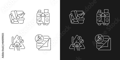 Accidents prevention linear icons set for dark and light mode. Falling and choking precaution. Child safety. Customizable thin line symbols. Isolated vector outline illustrations. Editable stroke