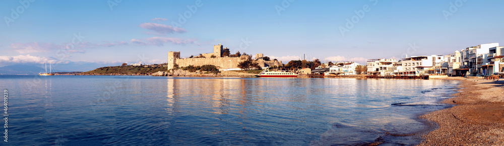 Panoramic photo of Bodrum castle when sun rising in Bodrum, Mugla, Turkey. Tourism and leisure concept.