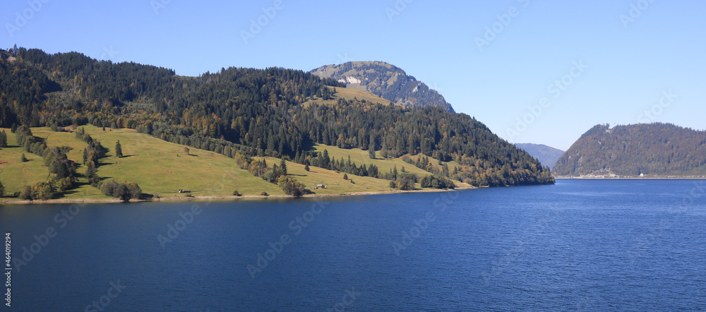 Rural landscape and lake in Innerthal, Schwyz Canton.