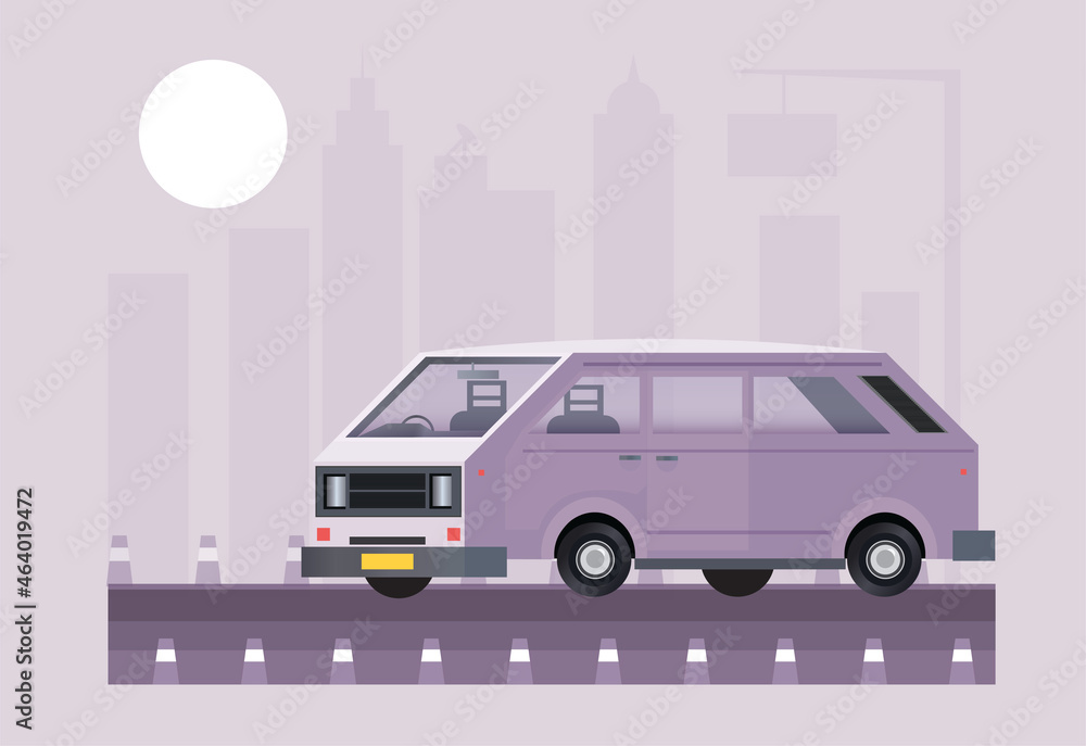 cargo crew van flat illustration against the city silhouette in a fog