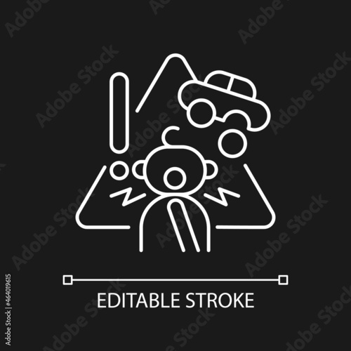 Choking hazard toys white linear icon for dark theme. Child safety. Age restrictions for kids. Thin line customizable illustration. Isolated vector contour symbol for night mode. Editable stroke