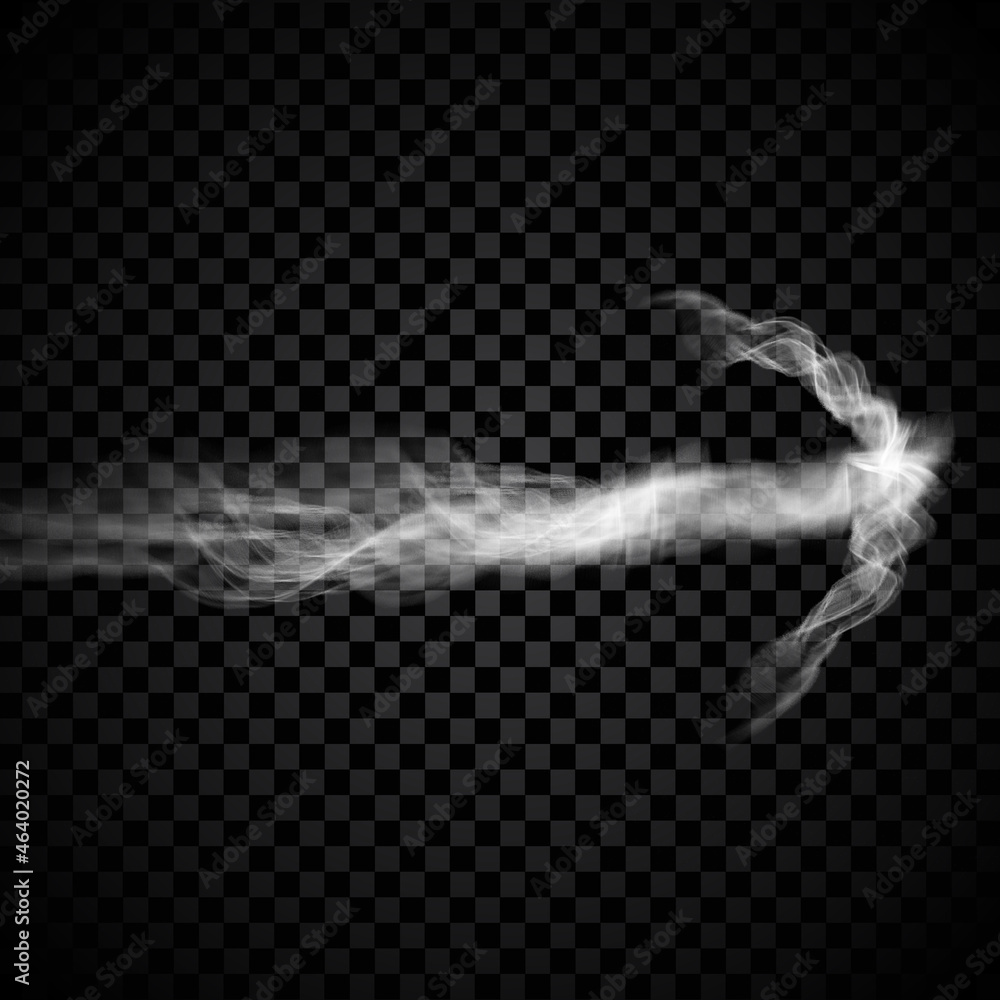 Arrow steam smoke isolated on black background. Arrow steam smoke for web site, poster, placard, backdrop, wallpaper and card template. Realistic effect. Arrow steam smoke vector illustration