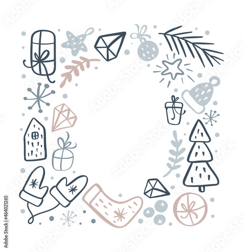 Christmas square frame of xmas doodle scandinavian elements with place for text. Vector holiday border wreath Greeting card for winter holidays Merry Christmas and Happy New Year