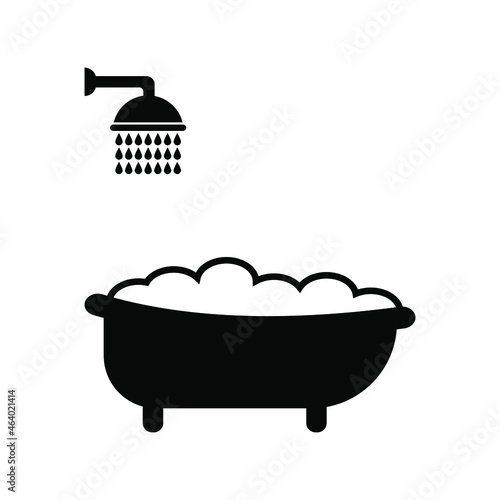 Shower and bathtub black on white background, icon for design, vector illustration