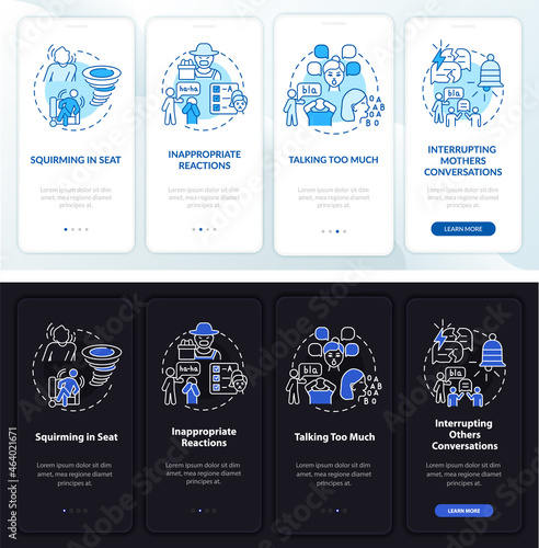 Hyperactivity signs onboarding mobile app page screen. Squirm in seat walkthrough 4 steps graphic instructions with concepts. UI, UX, GUI vector template with linear night and day mode illustrations
