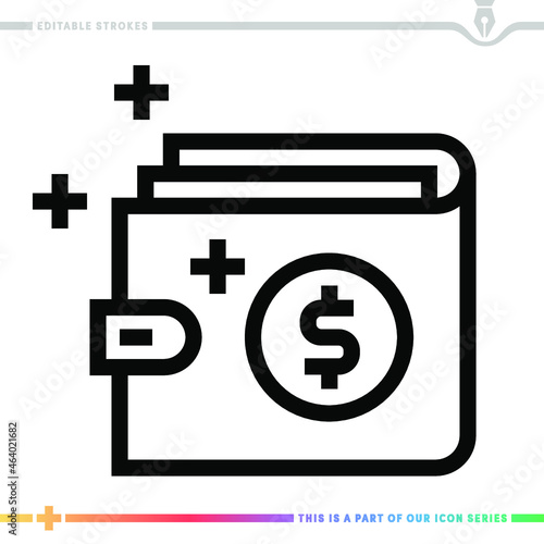 Editable line icon of digital wallet as a customizable black stroke eps vector graphic.