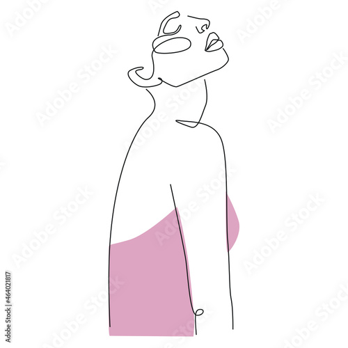 Silhouette of a woman with closed eyes in a dress one line art on white isolated background. Vector illustration 