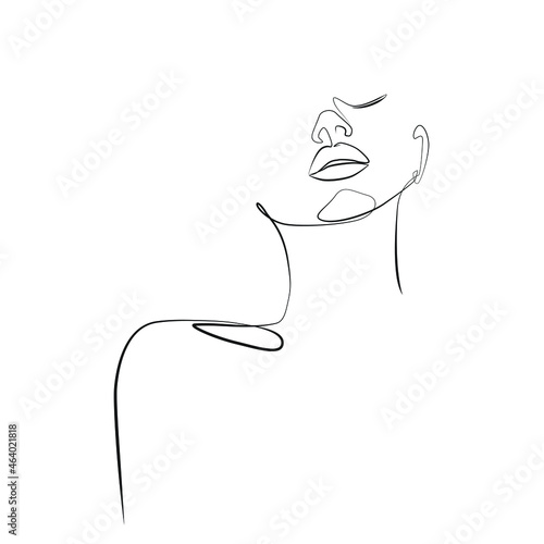 Woman face with raised chin and closed eyes close-up one line drawing on white isolated background. Vector illustration
