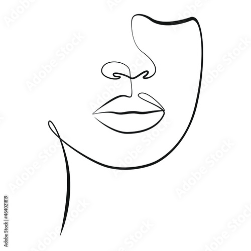 Face of an African American woman close-up one line drawing on white isolated background. Vector illustration